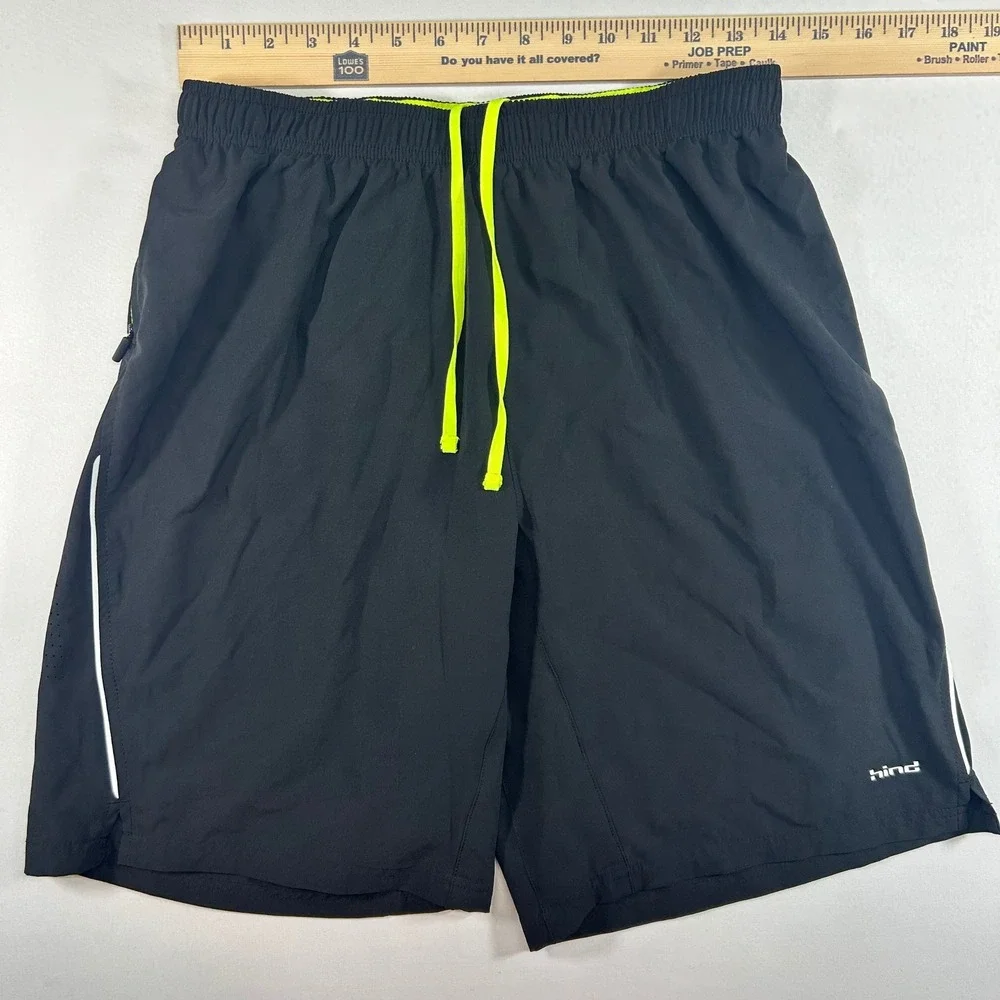 Hind Mens 2-in-1 Running Shorts Black Neon Yellow Compression Liner Size Medium